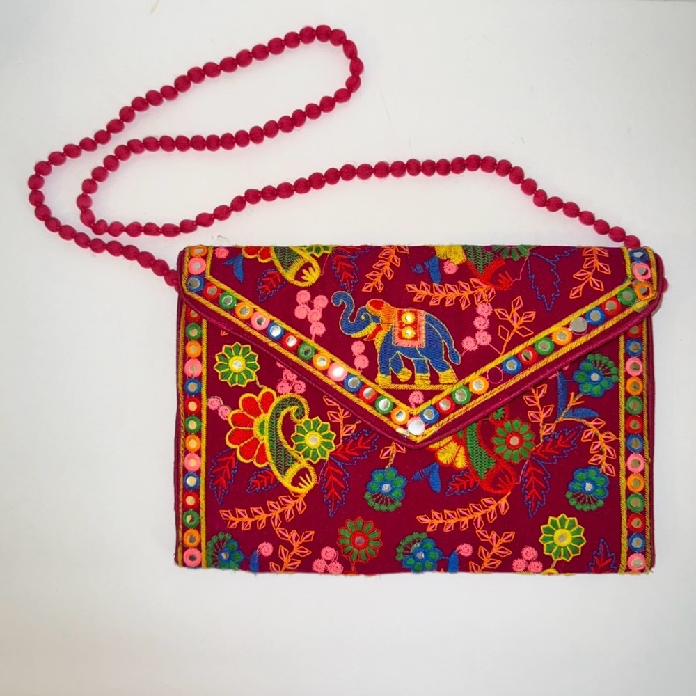 Vintage Late 90s Handmade Ethnic Embroidered Fabric Flat Envelope Bag